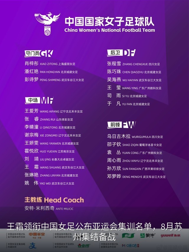 王霜领衔中国女足公布亚运会集训名单，8月苏州集结备战